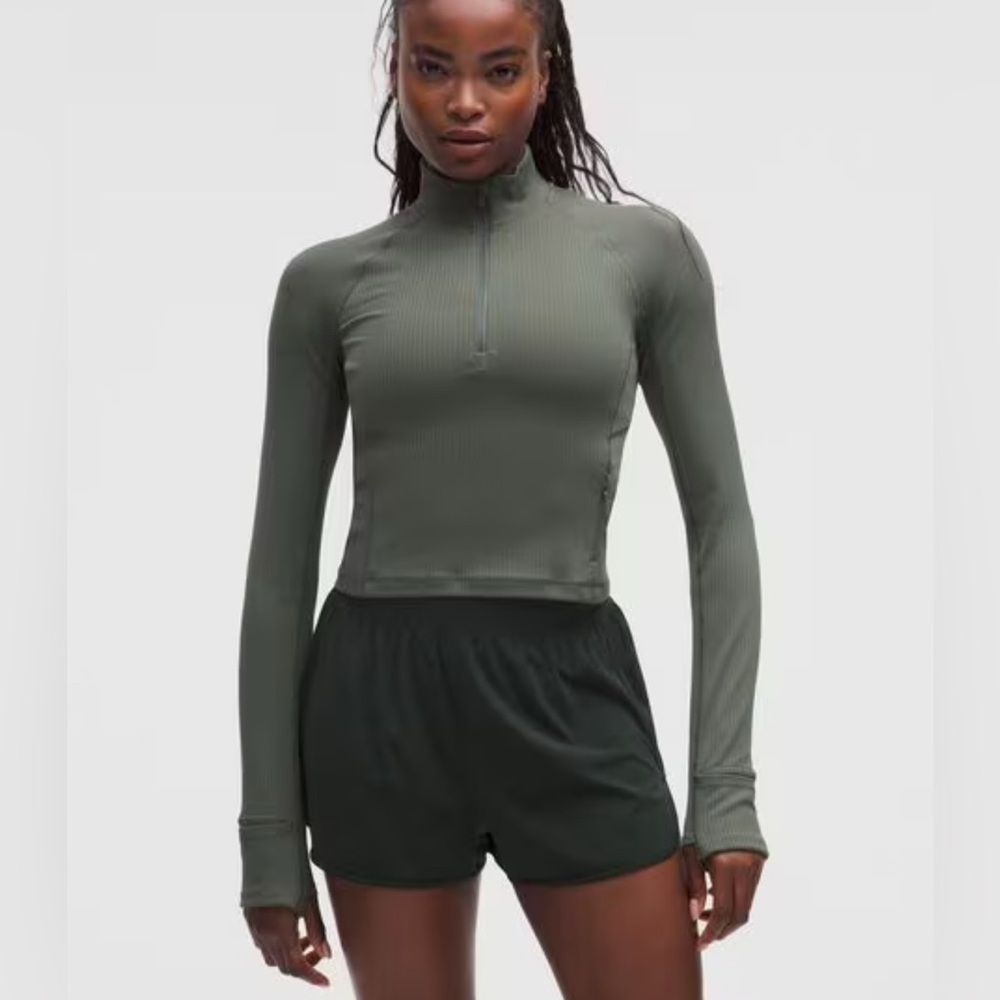 NEW Lululemon Rulu Ribbed Cropped Half Zip green S small palm deco running NWOT
